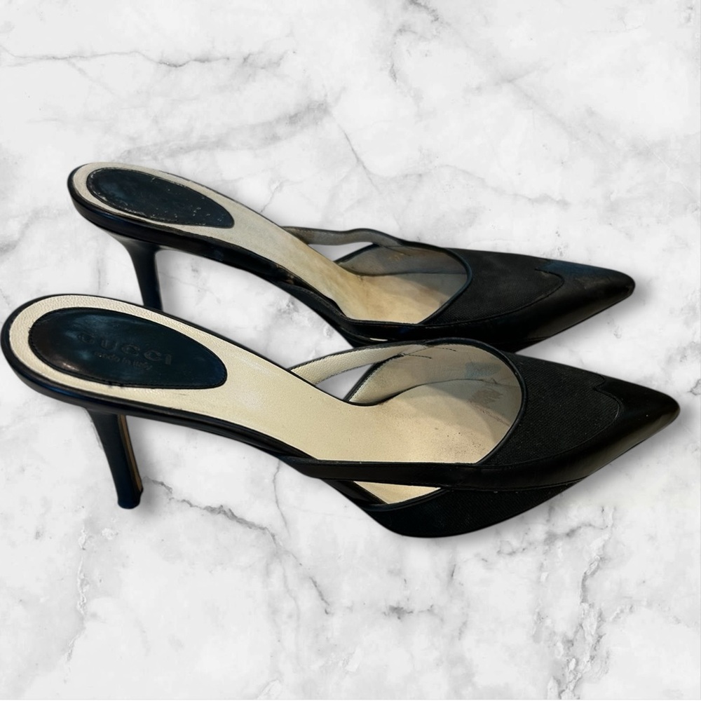 Gucci heeled slides, Black Leather and Canvas, Preowned, Sz 8.5 B - Picture 3 of 14
